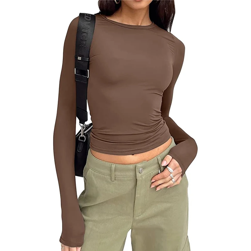Women Long Sleeve T Shirt Spring Autumn Solid Slim Fit Casual Shirts Female Pullovers Basic Tee Y2k Clothes Streetwear Crop Tops - Image 13