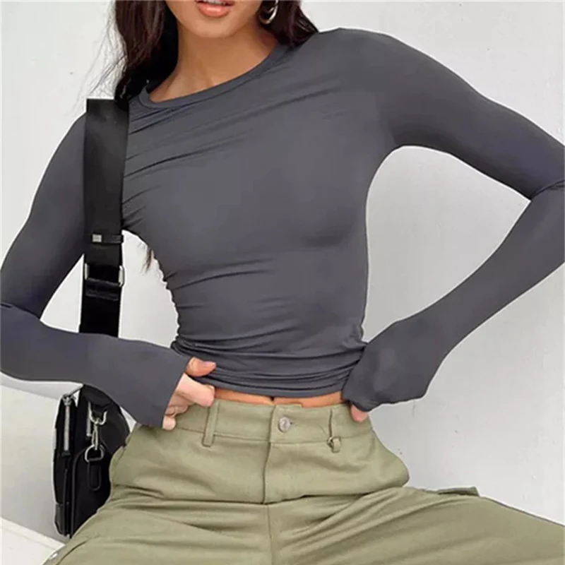 Women Long Sleeve T Shirt Spring Autumn Solid Slim Fit Casual Shirts Female Pullovers Basic Tee Y2k Clothes Streetwear Crop Tops - Image 8