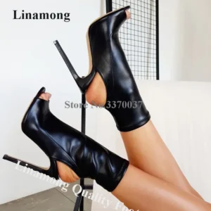 Linamong Fashion Women Peep Toe Cut-out Stiletto Heel Short Gladiator Boots Black Matte Leather Slim Ankle Booties Big Size Shoe