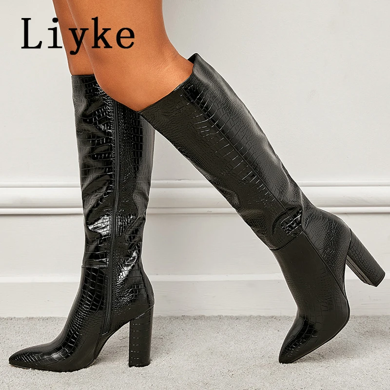 Liyke Fashion White Women Knee High Boots Sexy Snake Print Leather Pointed Toe Square Heels Ladies Long Booties Zip Female Shoes - Image 3