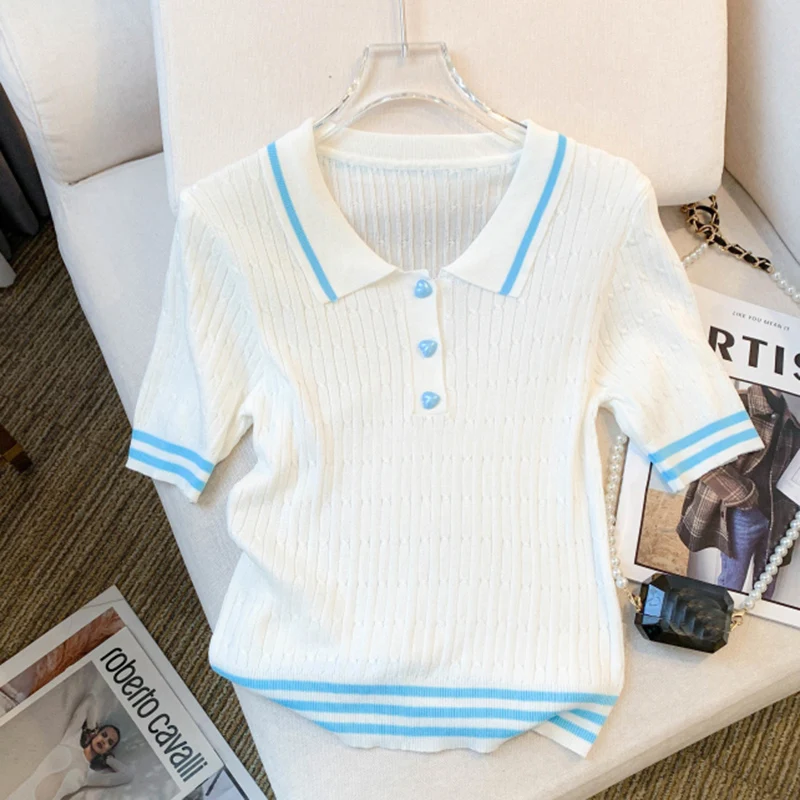 Tee Shirt Femme 2025 Summer Casual Contrast Color Turn Down Collar T Shirt Women Short Sleeve Knitted Tops Female Slim Tshirts - Image 9