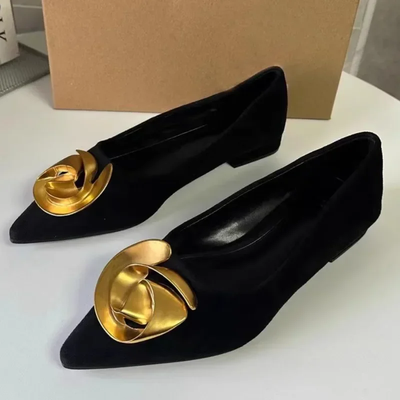 Elegant Office Women's Dress Shoes 2025 Summer New Black Shallow Pointed Toe Fashion Metal Flower Comfortable Ladies Flats - Image 2