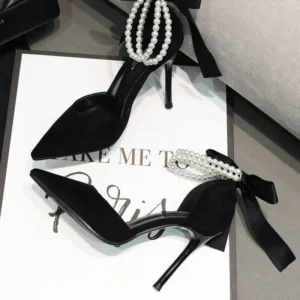 Shoes for Women 2023 Brand Spring Women's Pumps Pointed Toe Solid Flock Beads Bow Tie Buckle Shallow Mouth Novelty High Heels
