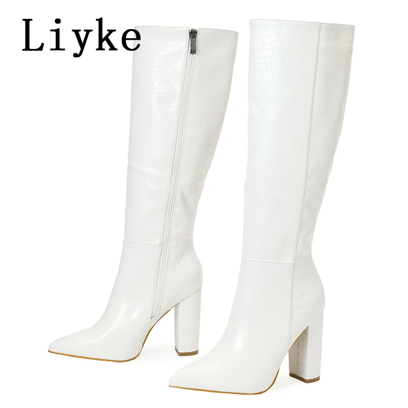 Liyke Fashion White Women Knee High Boots Sexy Snake Print Leather Pointed Toe Square Heels Ladies Long Booties Zip Female Shoes - Image 7
