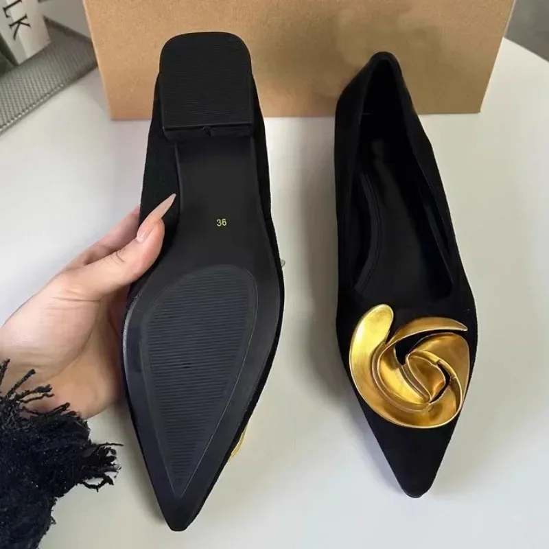 Elegant Office Women's Dress Shoes 2025 Summer New Black Shallow Pointed Toe Fashion Metal Flower Comfortable Ladies Flats - Image 4