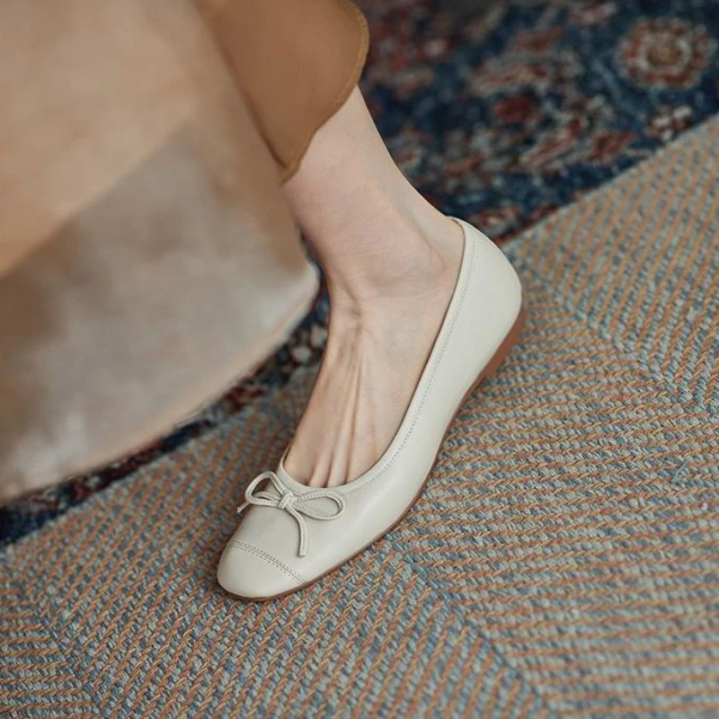 Women's Summer Footwear With Bow Red Shoes For Woman 2024 Round Toe Flat Flats Luxury Leather Casual Young On Sale Offer Fashion - Image 8