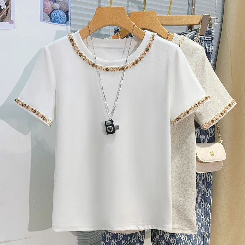 2025 Women T-Shirts Short Sleeved Tees Casual New White Tops Women's Tee Embroidery Fashion Ladies Cotton Shirts Tees Tops - Image 3