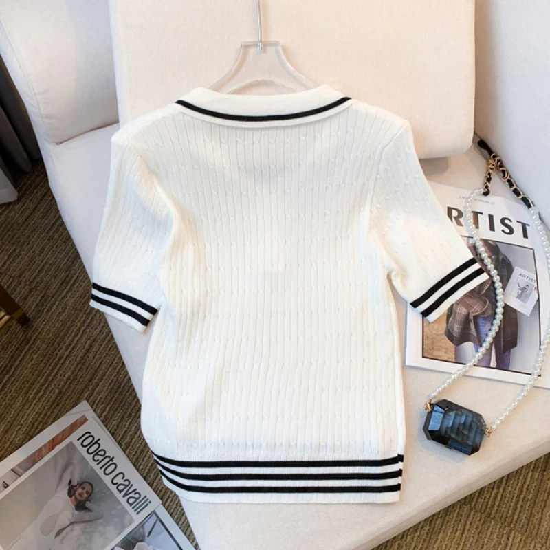 Tee Shirt Femme 2025 Summer Casual Contrast Color Turn Down Collar T Shirt Women Short Sleeve Knitted Tops Female Slim Tshirts - Image 5
