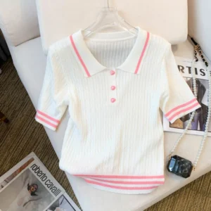 Tee Shirt Femme 2025 Summer Casual Contrast Color Turn Down Collar T Shirt Women Short Sleeve Knitted Tops Female Slim Tshirts