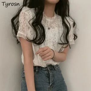 Women Blouses Elegant Design Hollow Out Simple Solid Daily Chic Korean Style All-match Female Summer Casual Cozy Ladies Tender