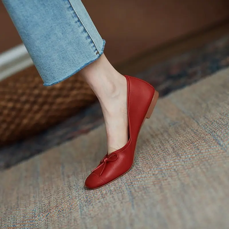Women's Summer Footwear With Bow Red Shoes For Woman 2024 Round Toe Flat Flats Luxury Leather Casual Young On Sale Offer Fashion - Image 6