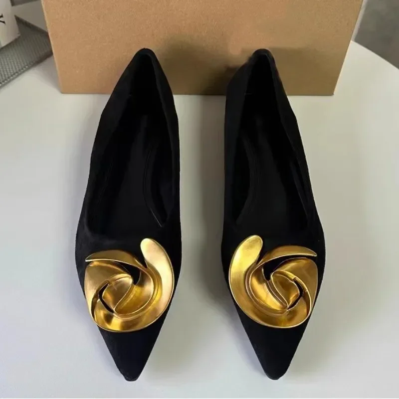 Elegant Office Women's Dress Shoes 2025 Summer New Black Shallow Pointed Toe Fashion Metal Flower Comfortable Ladies Flats - Image 3