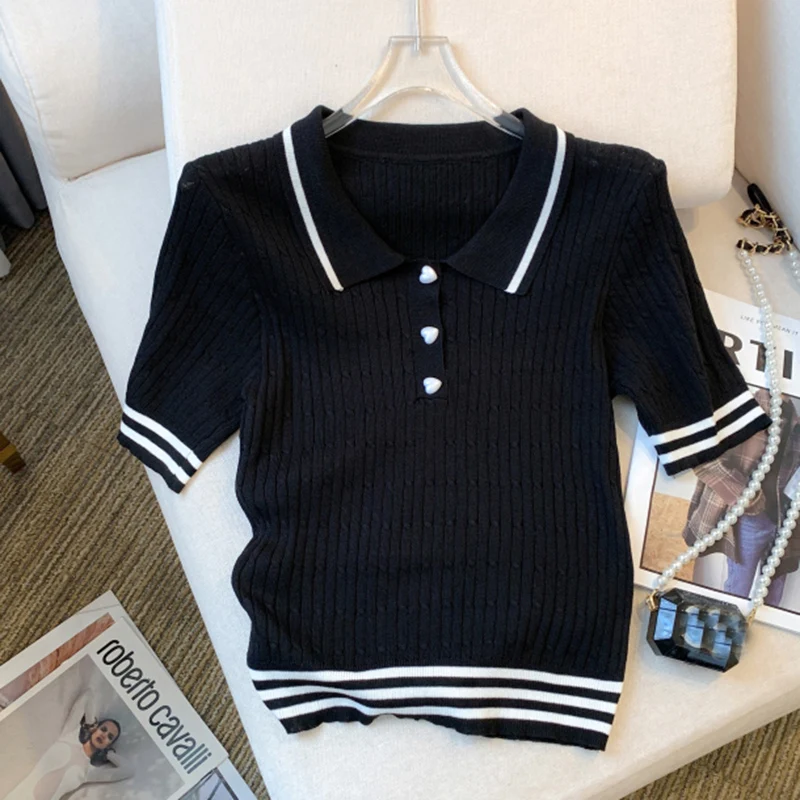 Tee Shirt Femme 2025 Summer Casual Contrast Color Turn Down Collar T Shirt Women Short Sleeve Knitted Tops Female Slim Tshirts - Image 8