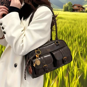 Women Multi Pocket Tote Bag with Golden-Tone Hardware & Letter, Stylish Shoulder Handbag Purse for Travel, Work, Shopping, Dates