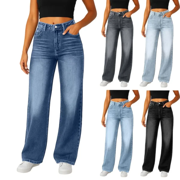 Women Fashion Trend Jeans Casual Straight Loose Flared Denim Trousers Classic Solid Color Elegant High-Waisted All-Match Pants