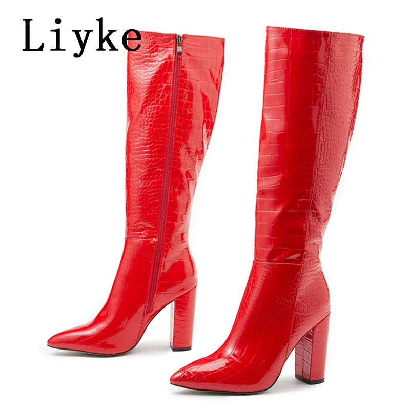 Liyke Fashion White Women Knee High Boots Sexy Snake Print Leather Pointed Toe Square Heels Ladies Long Booties Zip Female Shoes - Image 5