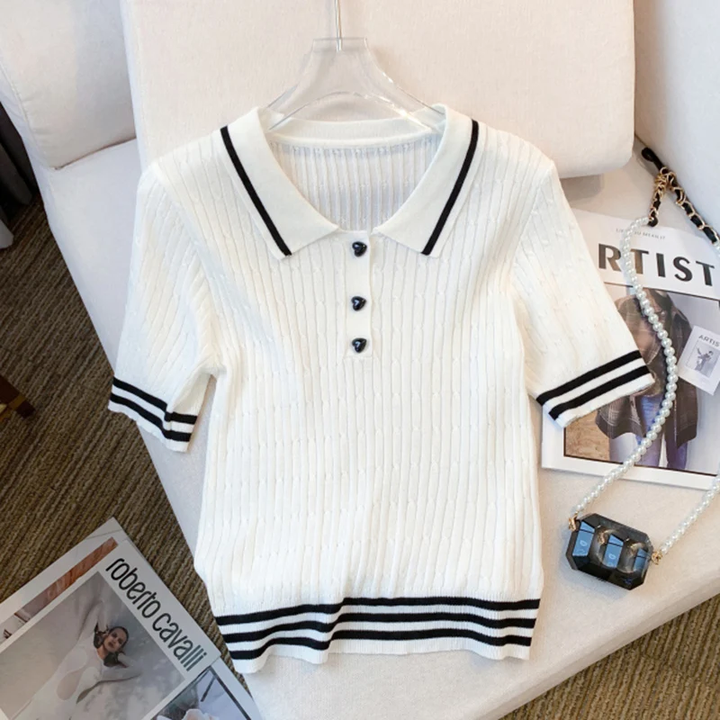Tee Shirt Femme 2025 Summer Casual Contrast Color Turn Down Collar T Shirt Women Short Sleeve Knitted Tops Female Slim Tshirts - Image 3
