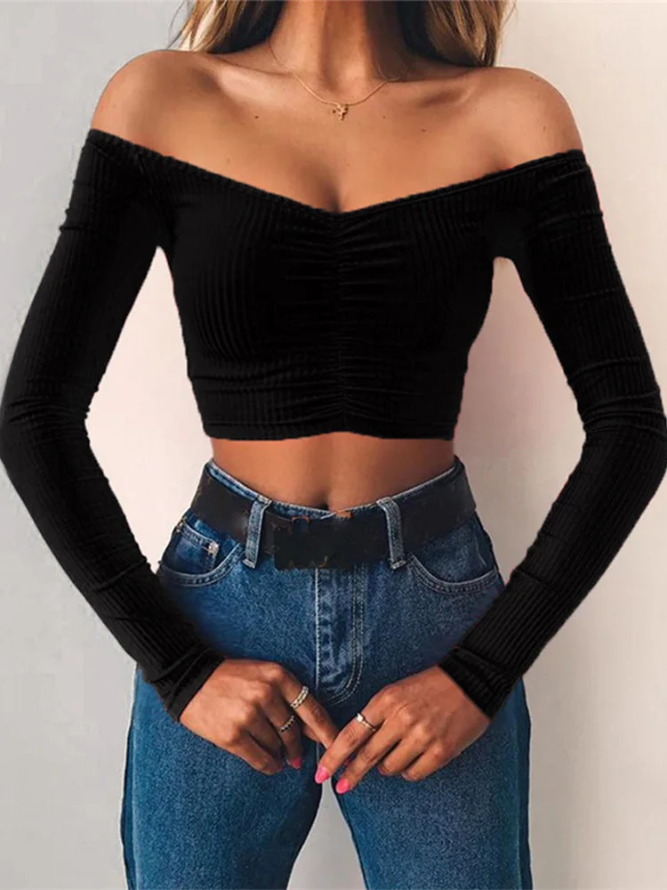 women T-shirts sexy and club fashion female T-shirt long sleeve off shoulder solid color lady Tshirt autumn basic tees - Image 9