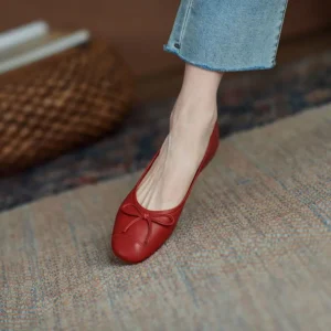 Women's Summer Footwear With Bow Red Shoes For Woman 2024 Round Toe Flat Flats Luxury Leather Casual Young On Sale Offer Fashion