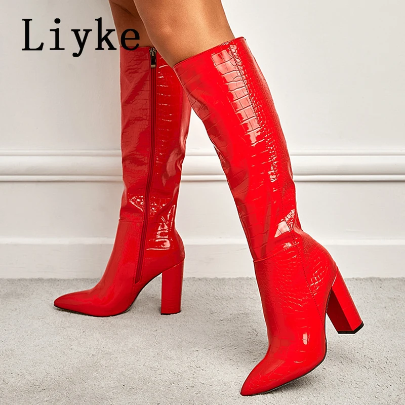 Liyke Fashion White Women Knee High Boots Sexy Snake Print Leather Pointed Toe Square Heels Ladies Long Booties Zip Female Shoes - Image 2