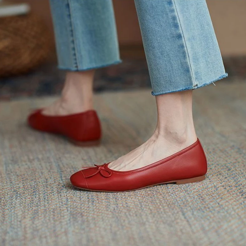 Women's Summer Footwear With Bow Red Shoes For Woman 2024 Round Toe Flat Flats Luxury Leather Casual Young On Sale Offer Fashion - Image 7