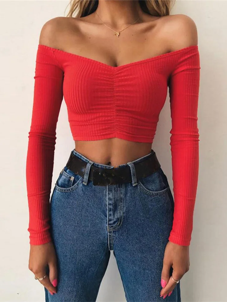 women T-shirts sexy and club fashion female T-shirt long sleeve off shoulder solid color lady Tshirt autumn basic tees - Image 7