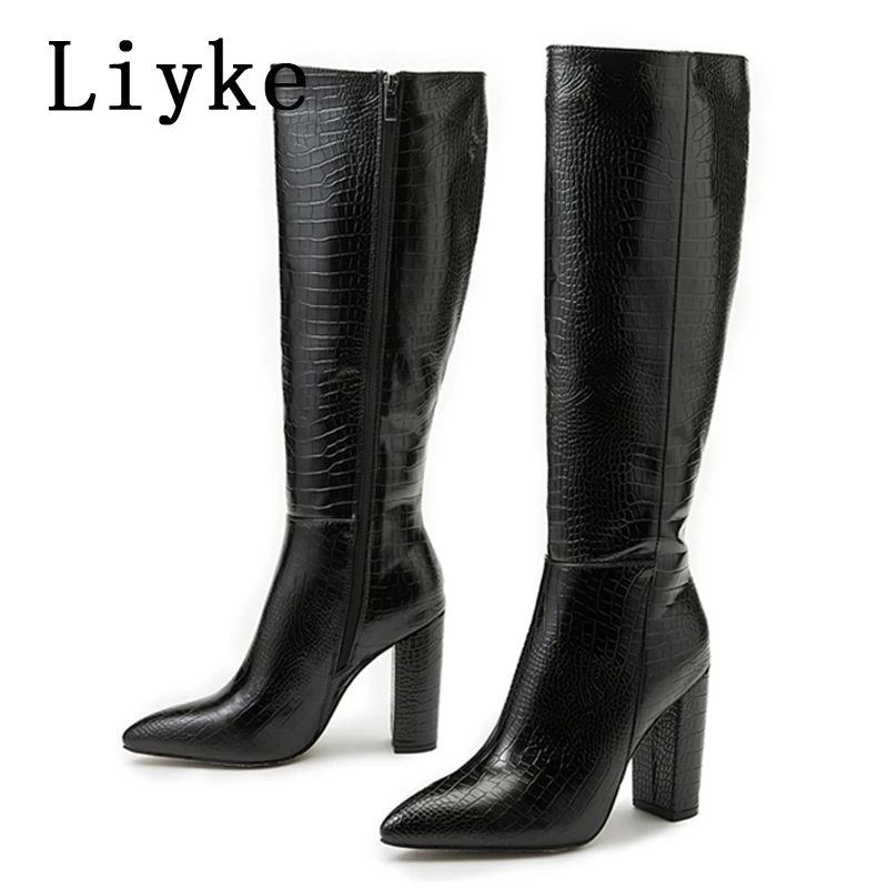 Liyke Fashion White Women Knee High Boots Sexy Snake Print Leather Pointed Toe Square Heels Ladies Long Booties Zip Female Shoes - Image 8