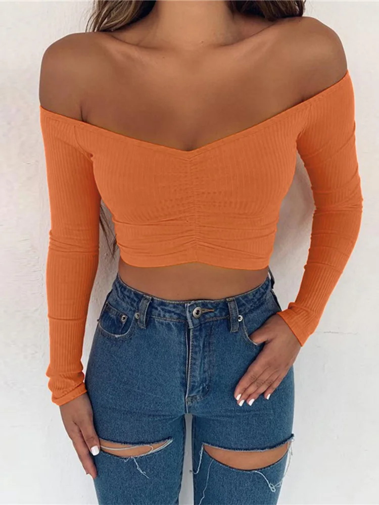 women T-shirts sexy and club fashion female T-shirt long sleeve off shoulder solid color lady Tshirt autumn basic tees - Image 10