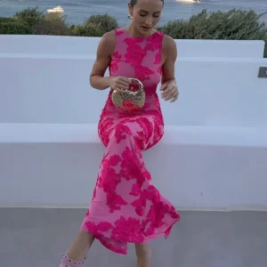 Chic 3d Flower Bodycon Maxi Dress Women's O-neck Sleeveless High Waist Split Long Dresses 2025 New Summer Lady Vacation Robes
