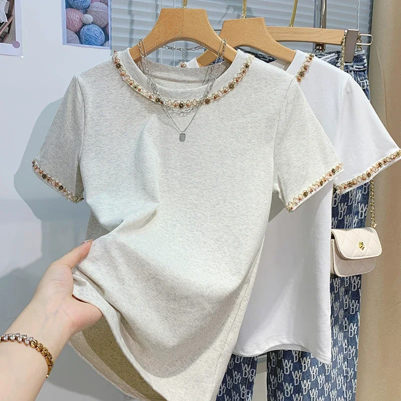 2025 Women T-Shirts Short Sleeved Tees Casual New White Tops Women's Tee Embroidery Fashion Ladies Cotton Shirts Tees Tops - Image 4