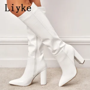 Liyke Fashion White Women Knee High Boots Sexy Snake Print Leather Pointed Toe Square Heels Ladies Long Booties Zip Female Shoes