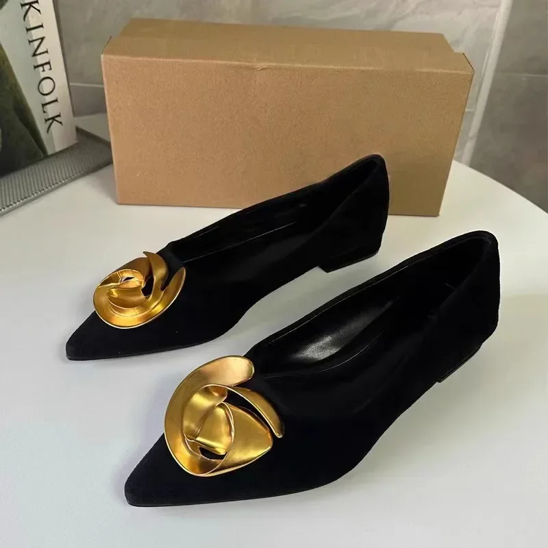 Elegant Office Women's Dress Shoes 2025 Summer New Black Shallow Pointed Toe Fashion Metal Flower Comfortable Ladies Flats - Image 5
