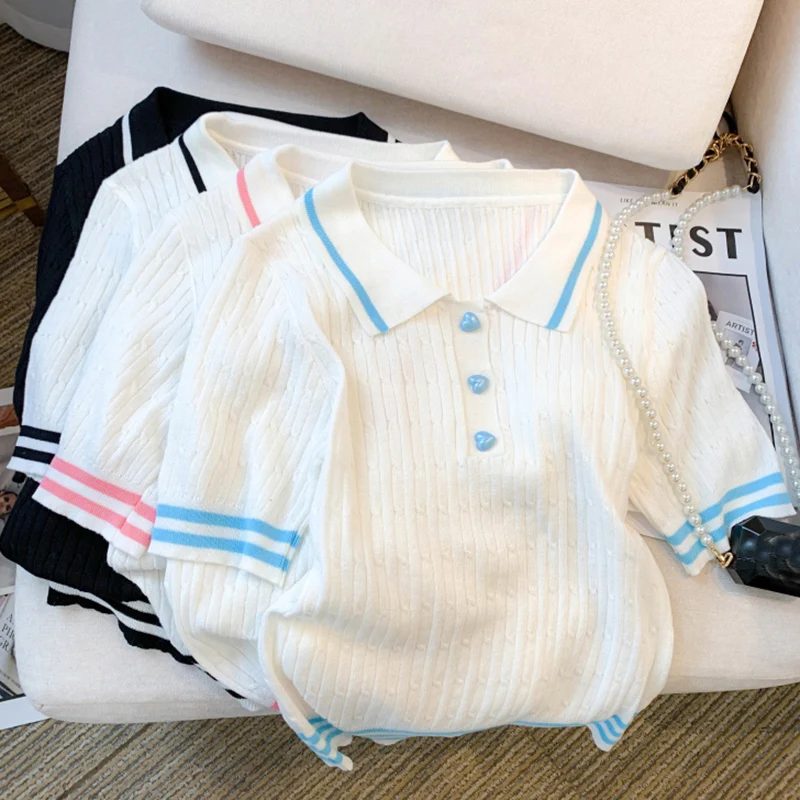 Tee Shirt Femme 2025 Summer Casual Contrast Color Turn Down Collar T Shirt Women Short Sleeve Knitted Tops Female Slim Tshirts - Image 6