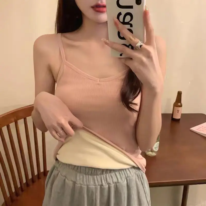 Women Winter Warm Underwear Solid Color Thermal Casual Nightwear Sexy Elasticity Female Thin Velvet T-shirt Sleeveless Tops - Image 2