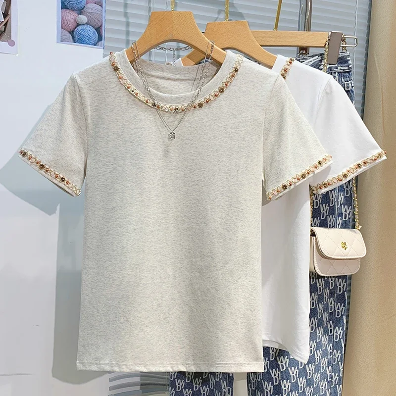 2025 Women T-Shirts Short Sleeved Tees Casual New White Tops Women's Tee Embroidery Fashion Ladies Cotton Shirts Tees Tops - Image 2
