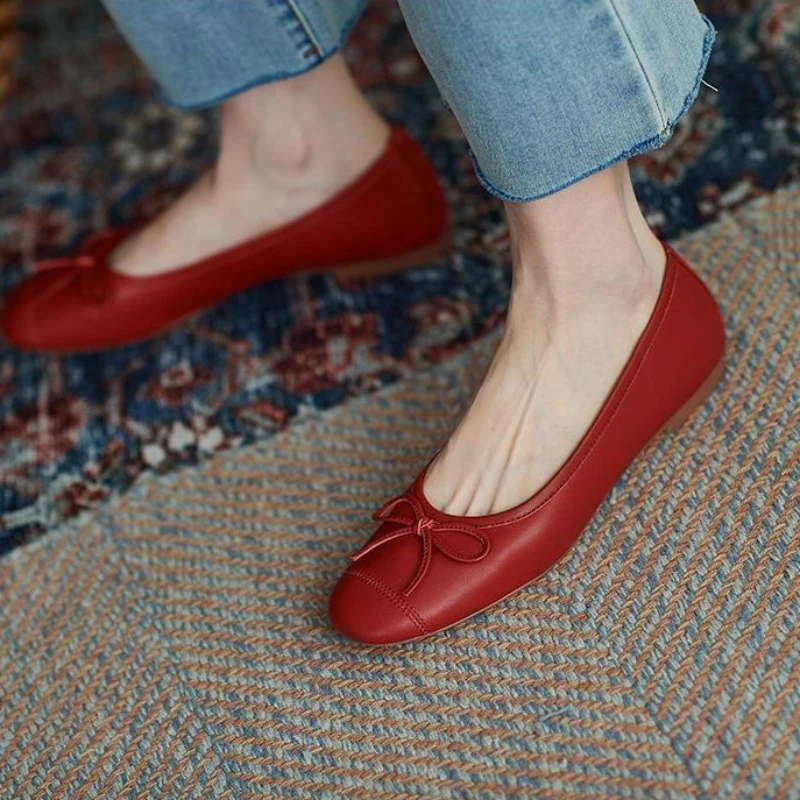 Women's Summer Footwear With Bow Red Shoes For Woman 2024 Round Toe Flat Flats Luxury Leather Casual Young On Sale Offer Fashion - Image 4