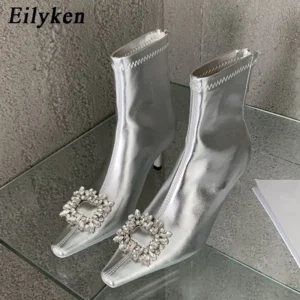 Eilyken Street Style CRYSTAL Buckle Pointed Toe Women Ankle Boots Zipper Low Heels Party Prom Female Shoes