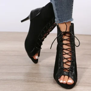 Sandals Hollow Mesh Heels Women's Shoes Summer Trend Black Lace-Up Sexy Peep Toe Boots Stilettos Jazz Dance Female Shoes