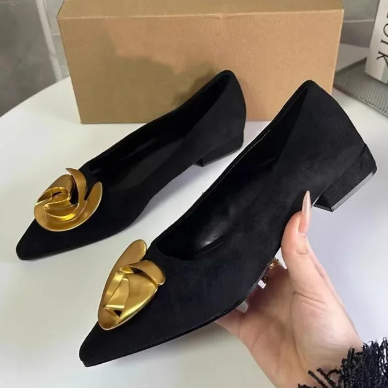 Elegant Office Women's Dress Shoes 2025 Summer New Black Shallow Pointed Toe Fashion Metal Flower Comfortable Ladies Flats