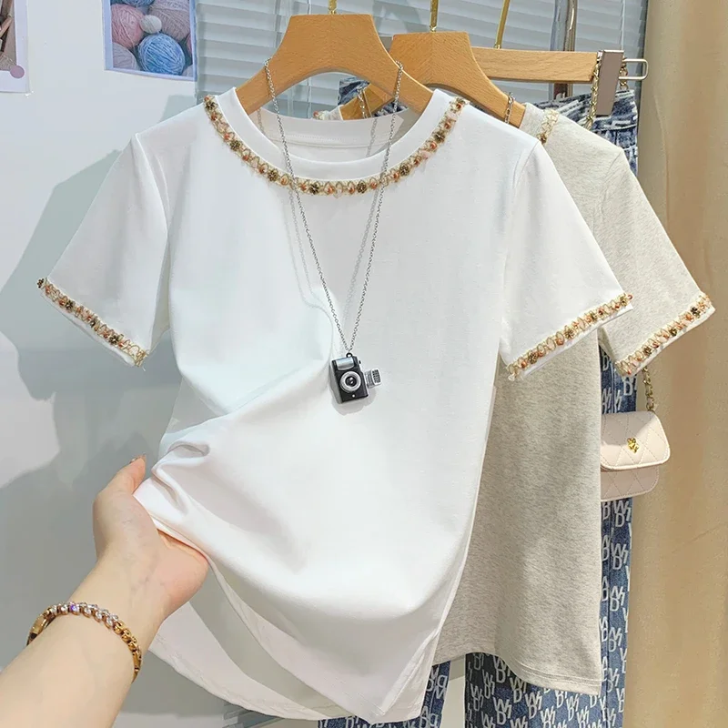 2025 Women T-Shirts Short Sleeved Tees Casual New White Tops Women's Tee Embroidery Fashion Ladies Cotton Shirts Tees Tops