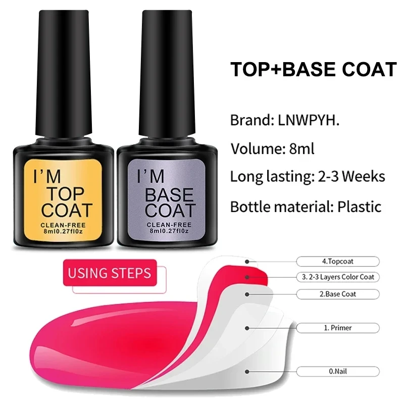 Nail Art Kit With 4 Pcs/Set Base Coat And Top Coat LED Light Curing Quick-drying Transparent Glossy Mirror Lasting Nail Art Gel - Image 5